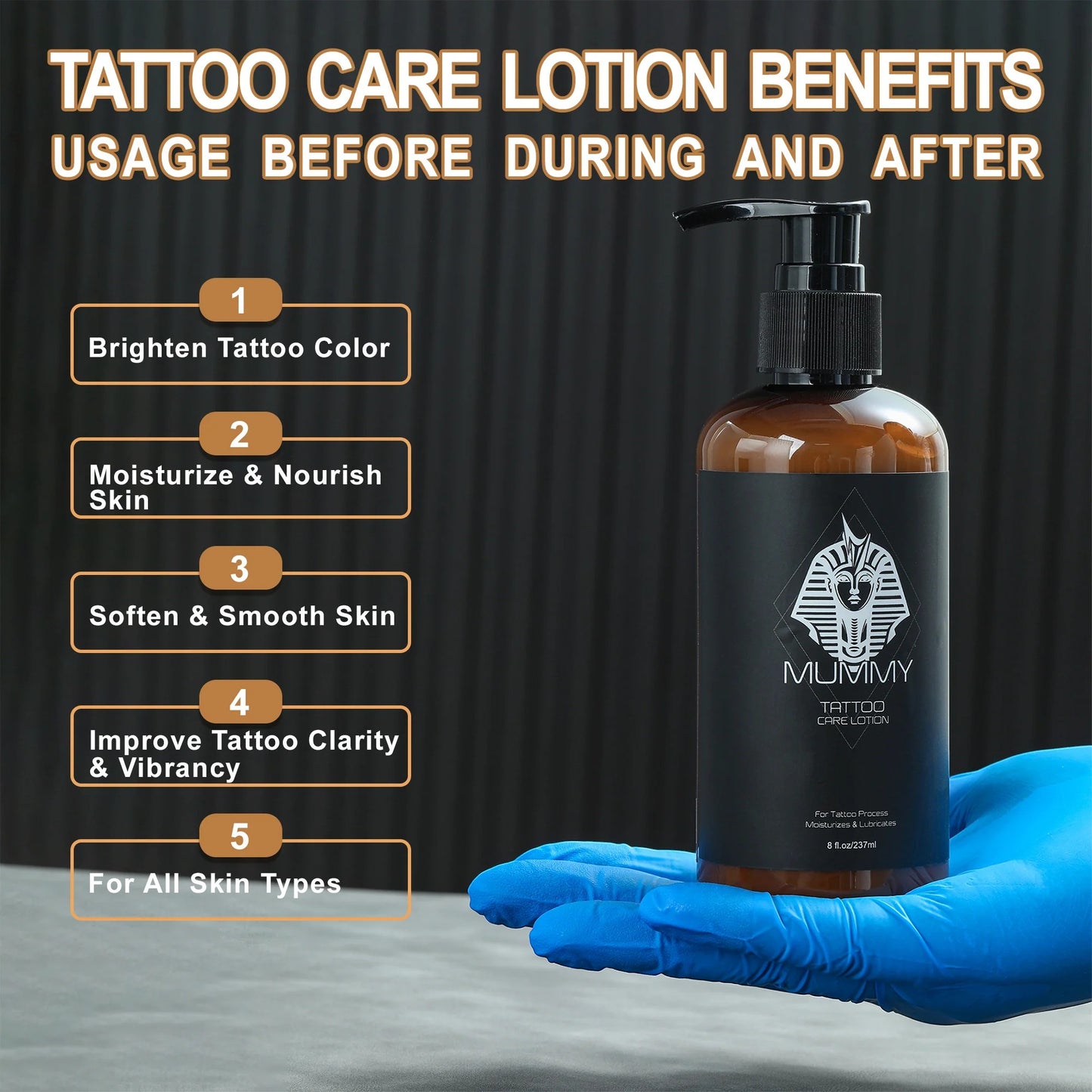 Osus Tattoo Supplies Mummy Tattoo Care Lotion in amber bottle with pump, for tattoo process, moisturizes & lubricates skin.