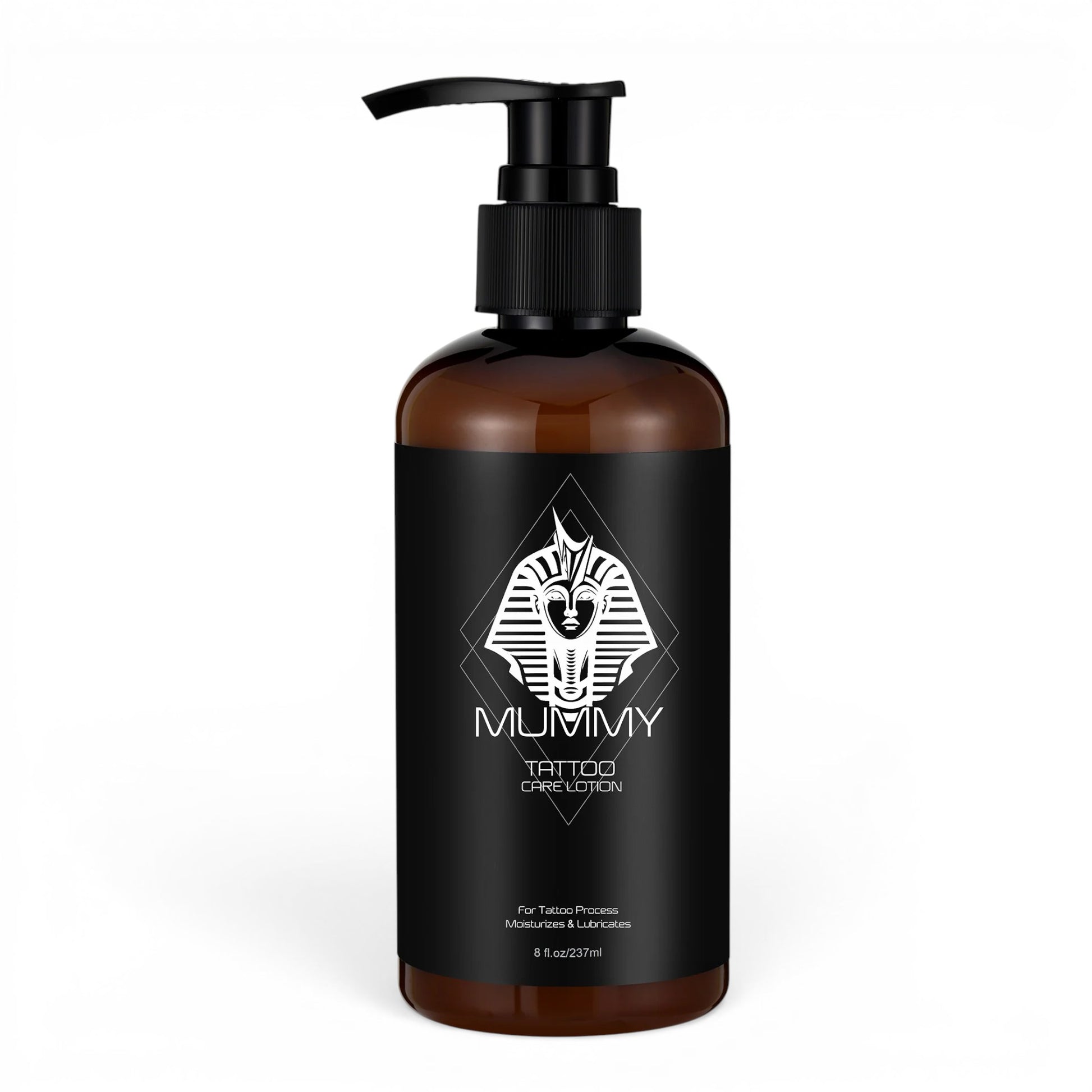Osus Tattoo Supplies Mummy Tattoo Care Lotion 8oz bottle with pump dispenser, formulated with natural ingredients for tattoo moisturizing and lubrication.