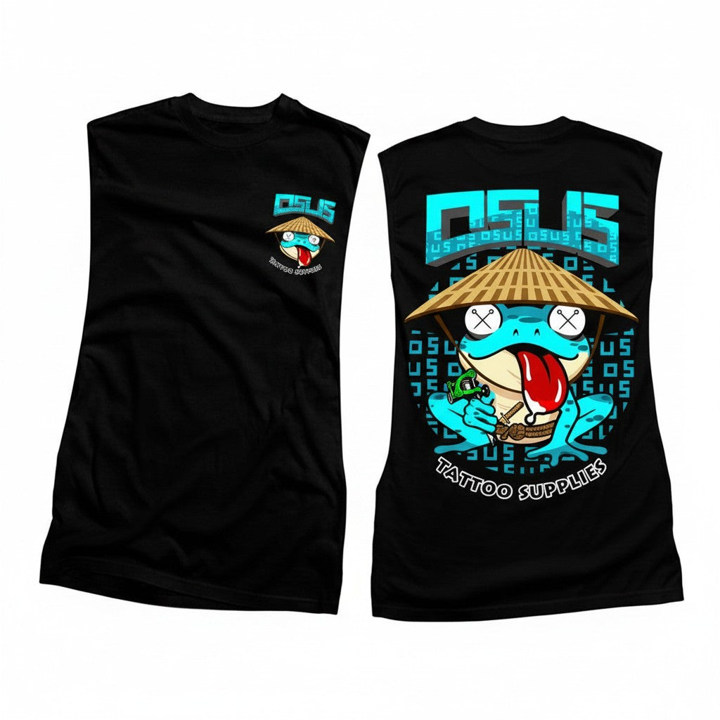 Osus Tattoo Supplies black muscle shirt featuring a blue frog wearing a conical hat and holding a tattoo gun.