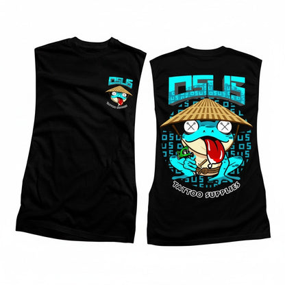 Osus Tattoo Supplies black muscle shirt featuring a blue frog wearing a conical hat and holding a tattoo gun.