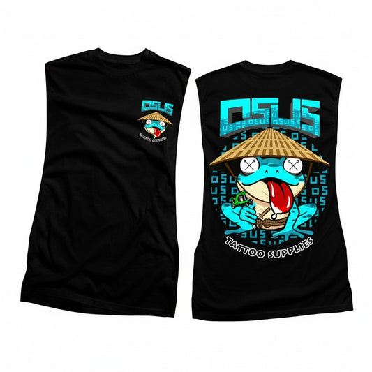 Osus Tattoo Supplies black muscle shirt featuring a blue frog wearing a conical hat and holding a tattoo gun.