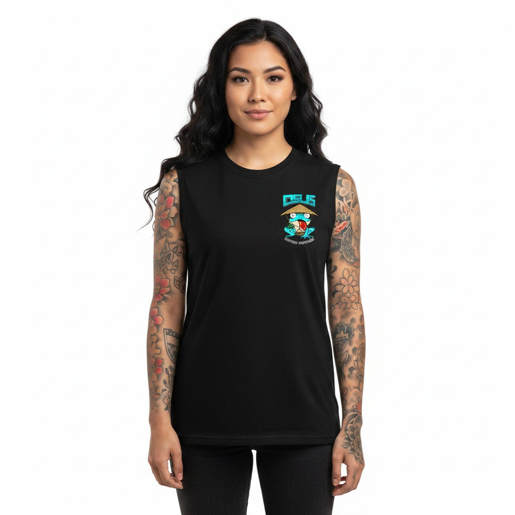 Osus Tattoo Supplies black sleeveless muscle shirt with a blue frog graphic wearing a conical hat and holding a tattoo gun.