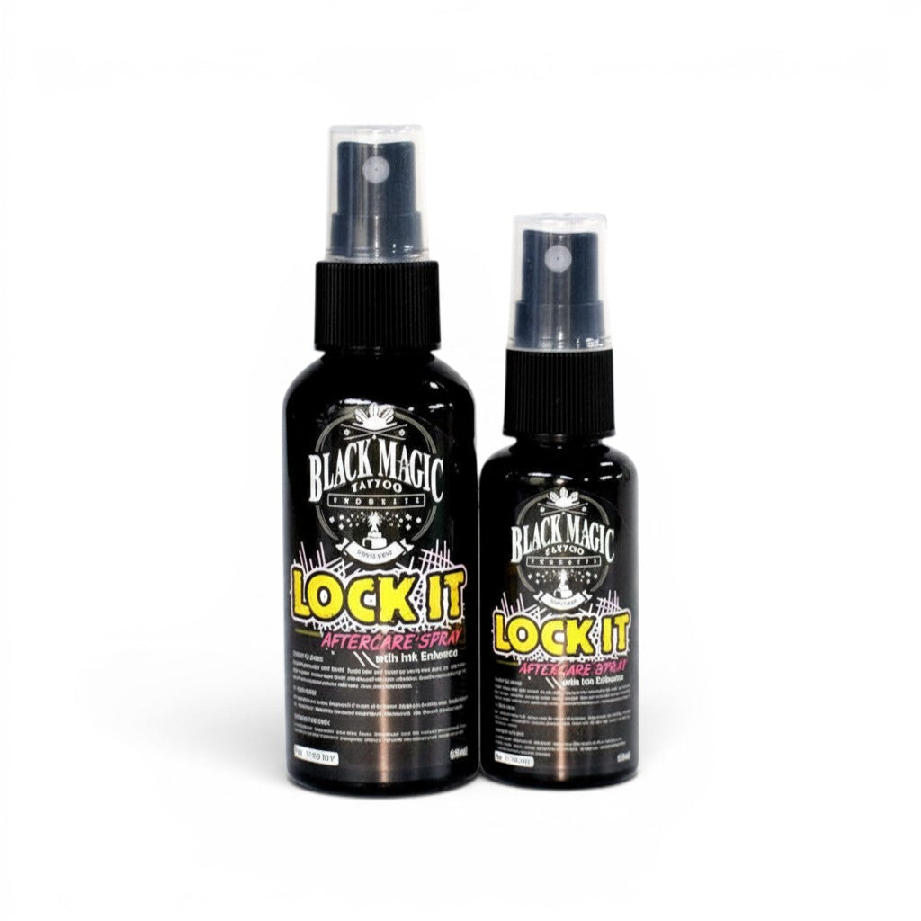 Osus Tattoo Supplies Black Magic Lock It tattoo aftercare spray with ink enhance, coconut scent, 30ml and 60ml bottles.