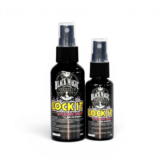 Osus Tattoo Supplies Black Magic Lock It tattoo aftercare spray with ink enhance, coconut scent, 30ml and 60ml bottles.