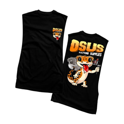 Osus Tattoo Supplies black sleeveless sando shirt with a gecko graphic holding a tattoo gun. Includes size chart.