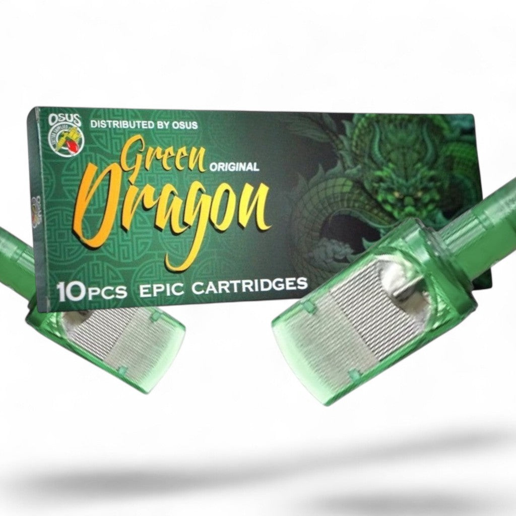 Osus Tattoo Supplies Green Dragon oversized shader tattoo cartridges, available in various sizes.