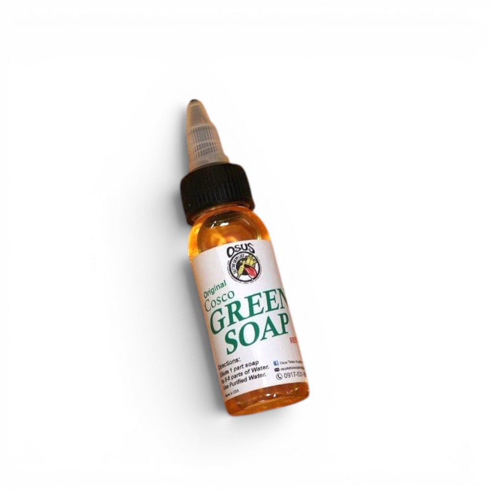 Osus Tattoo Supplies Original Cosco Green Soap liquid formula in various sizes, 30% alcohol, for cleansing skin and scalp.