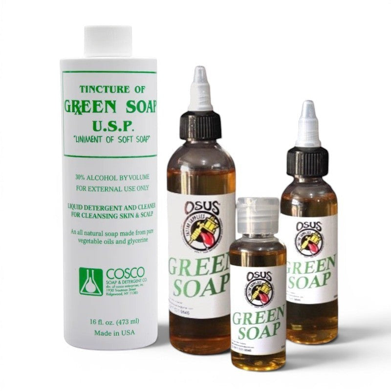 Osus Tattoo Supplies tincture of green soap USP, a liquid detergent and cleaner for skin and scalp, made from vegetable oils and glycerine.