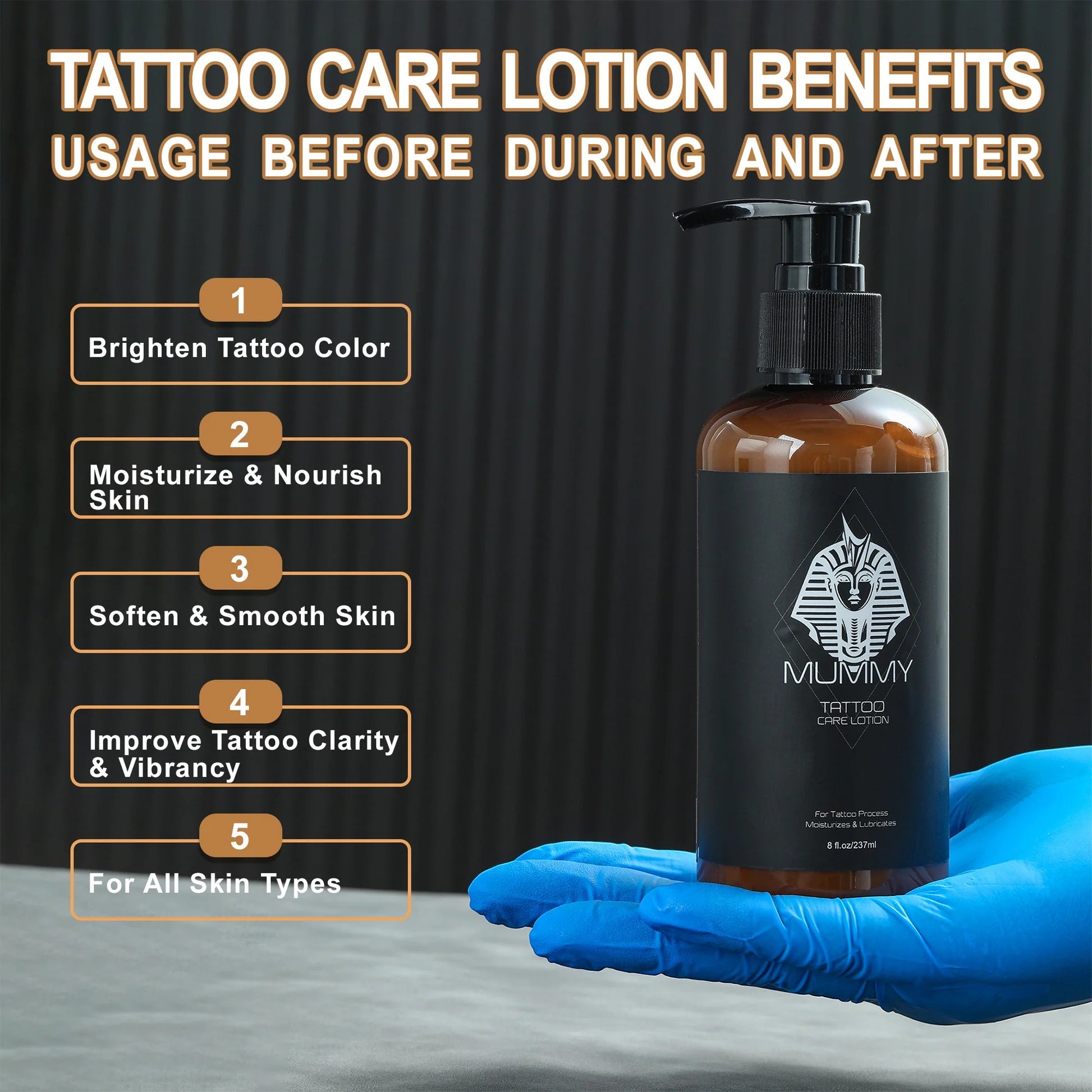 Osus Tattoo Supplies Mummy Tattoo Care Lotion in amber bottle with pump, for tattoo process, moisturizes & lubricates skin.