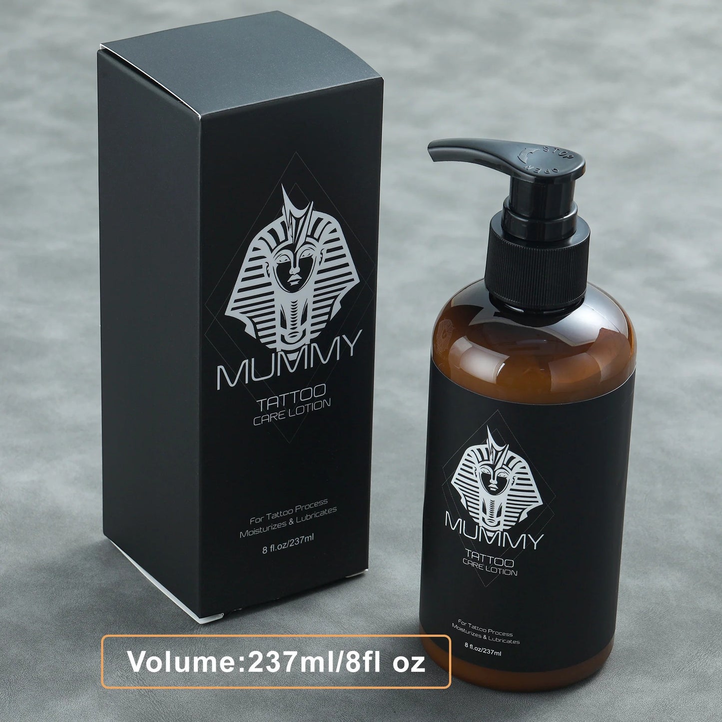 Osus Tattoo Supplies Mummy Tattoo Care Lotion 8oz bottle with pump and black box, formulated with natural ingredients for tattoo hydration and regeneration.
