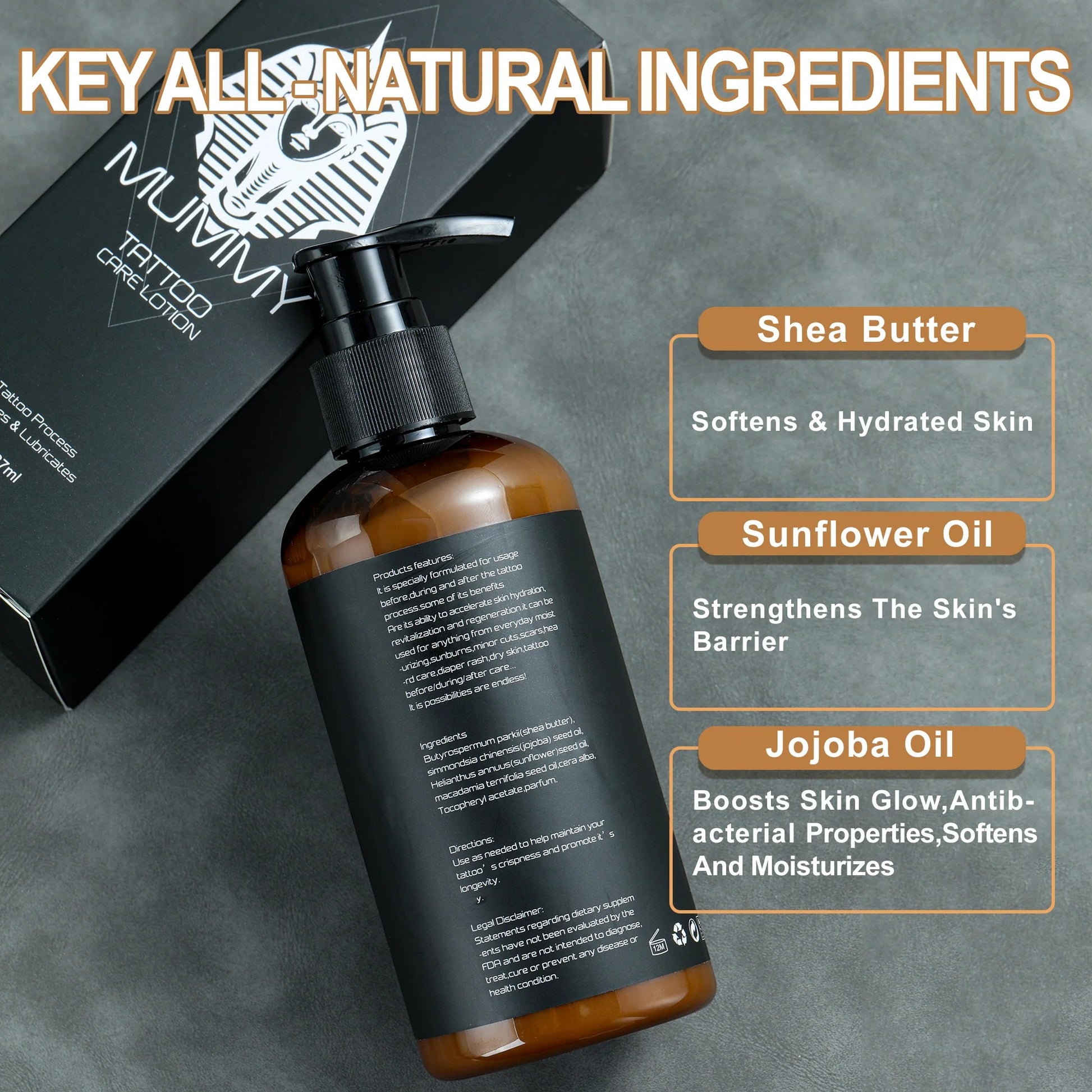 Osus Tattoo Supplies Mummy Tattoo Care Lotion bottle with pump dispenser, featuring natural ingredients like Shea Butter, Sunflower Oil, and Jojoba Oil.