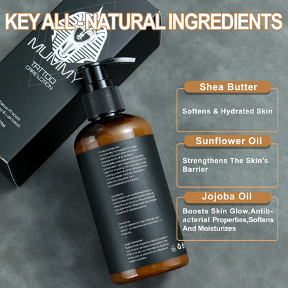 Osus Tattoo Supplies Mummy Tattoo Care Lotion bottle with pump dispenser, featuring natural ingredients like Shea Butter, Sunflower Oil, and Jojoba Oil.