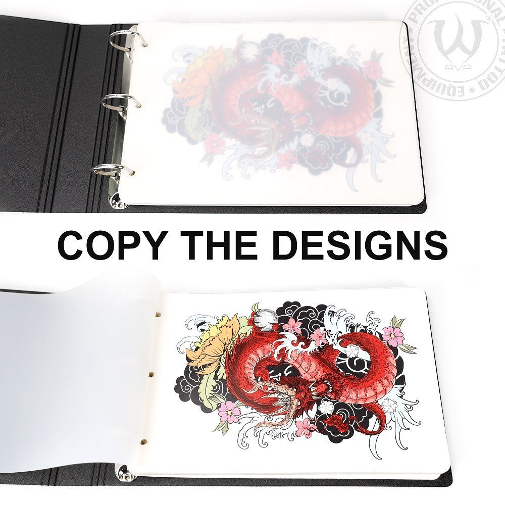 Osus Tattoo Supplies practice skin binder with dragon design sheets. High-quality silicone for tattoo practice.
