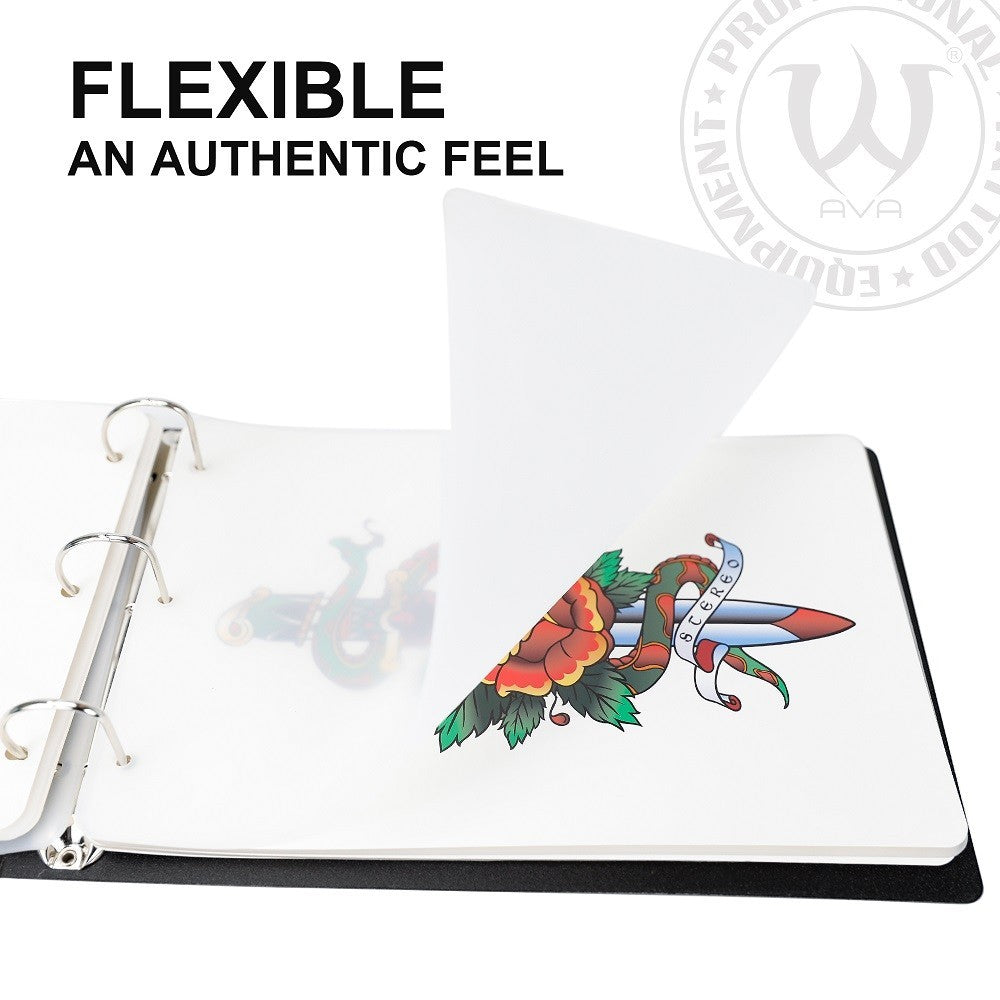 Osus Tattoo Supplies practice skin binder with traditional tattoo designs of a dagger and rose. Flexible silicone pages.