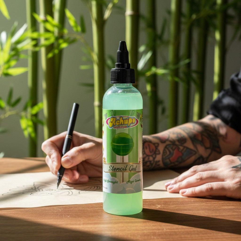 Osus Tattoo Supplies Achups Stencil Gel in bamboo color, a clear green liquid in a plastic bottle with a black cap, used for tattoo stencils.